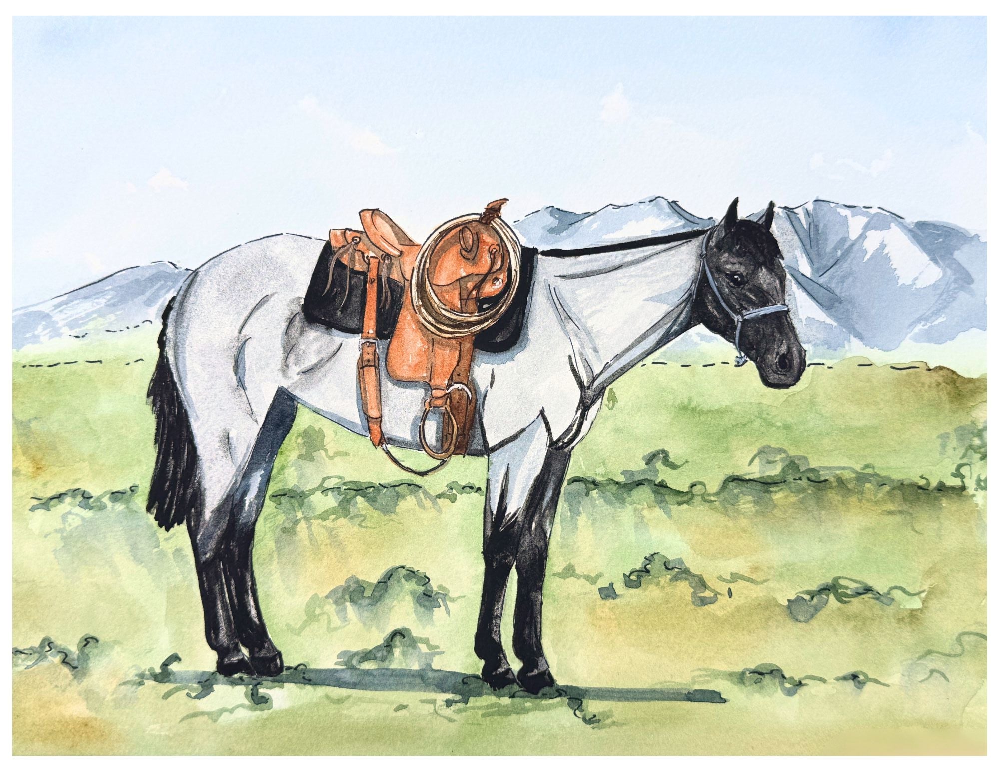 blue roan filly being trained in the Idaho mountains