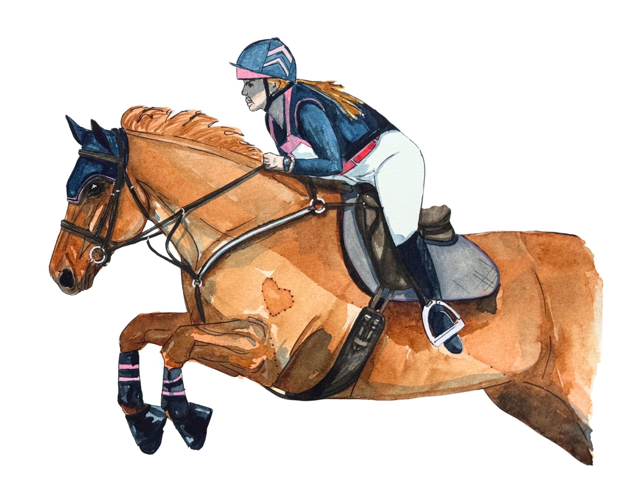 chestnut horse and rider jumping on cross country