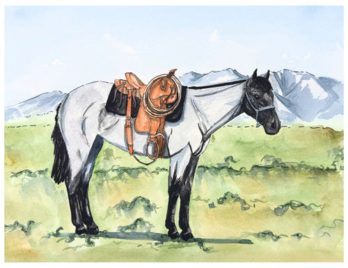blue roan filly being trained in the Idaho mountains